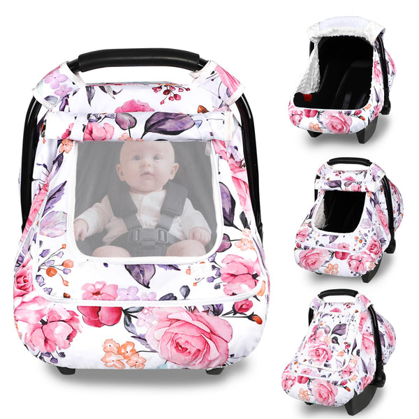 Pea Pod winter car seat cover sunshade close-up with secure shade for baby