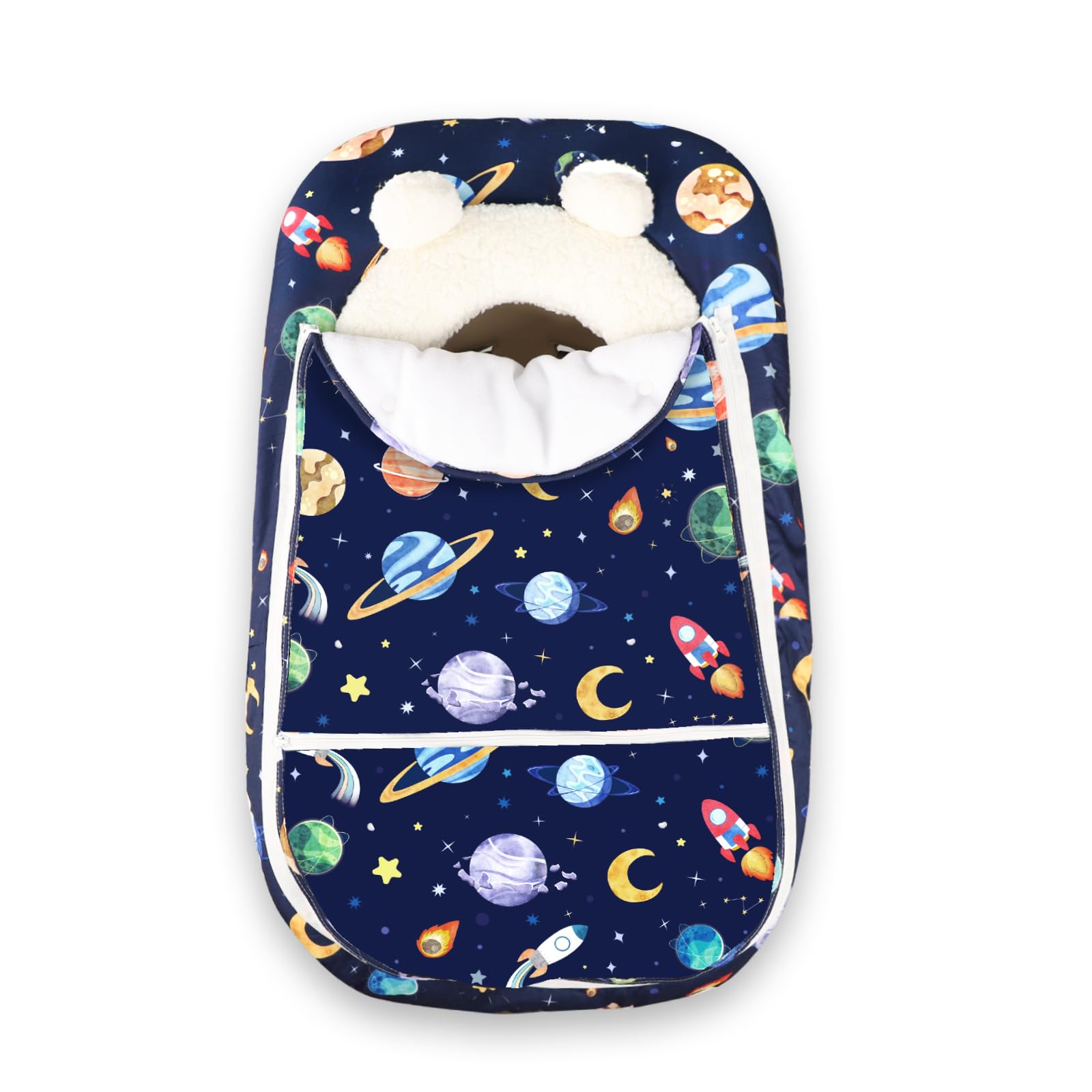Pea Pod Winter car seat cover top closure for all-season use with easy access.