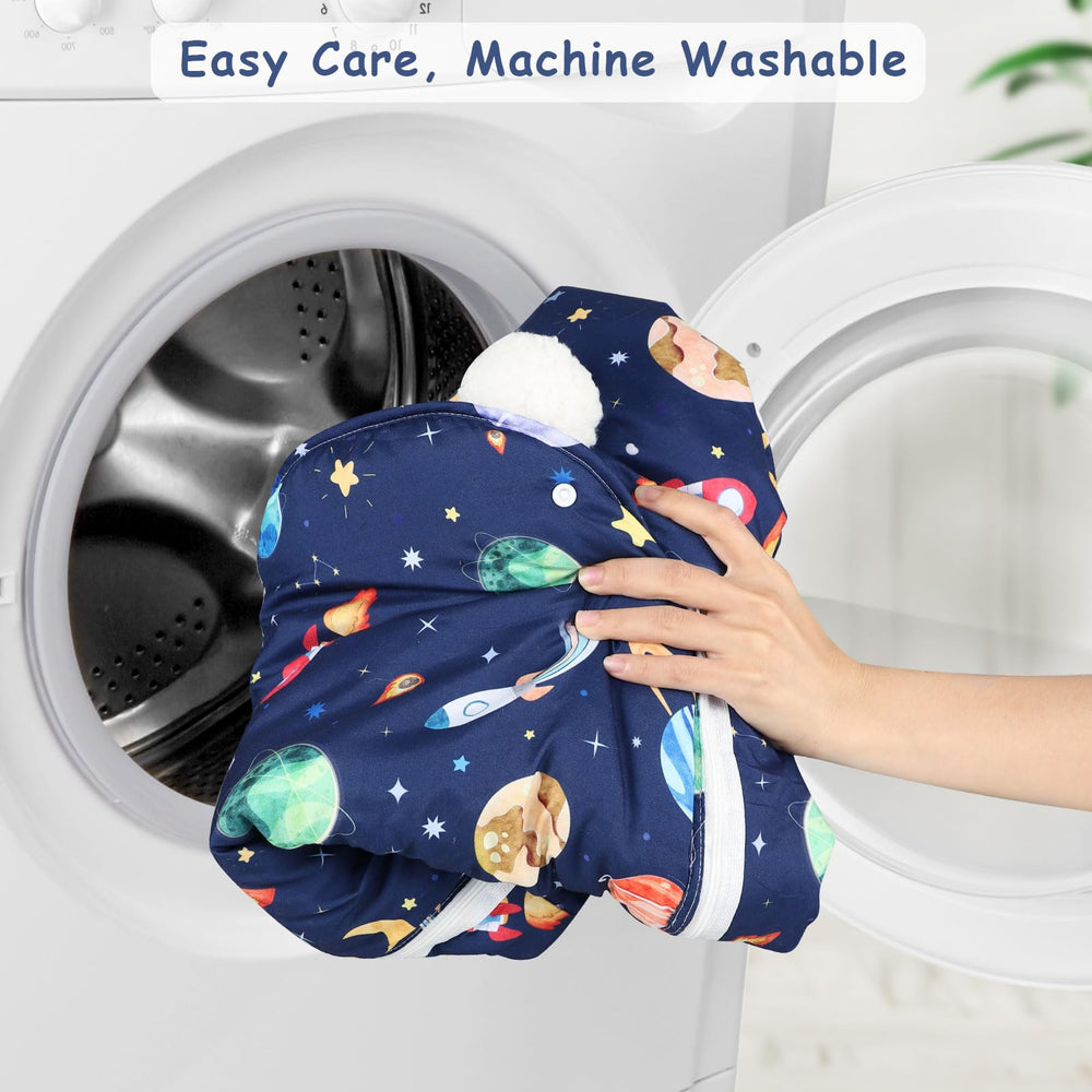 Pea Pod Winter space pattern adds charm while protecting your baby.