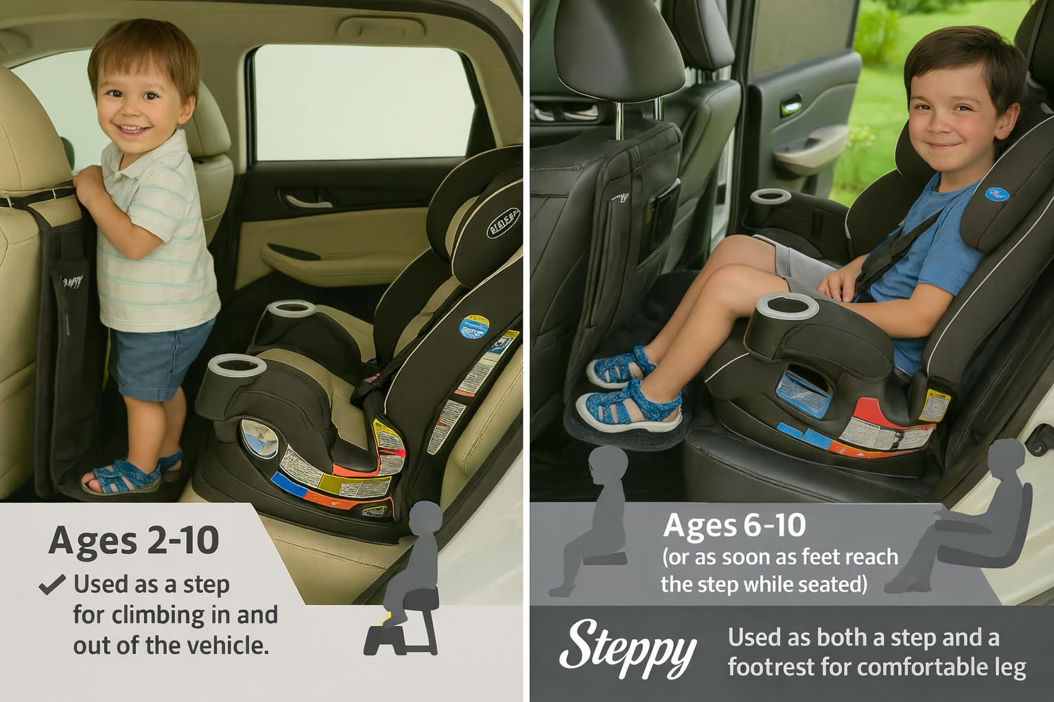 Back-of-seat Steppy tablet holder keeping a tablet within reach for a child