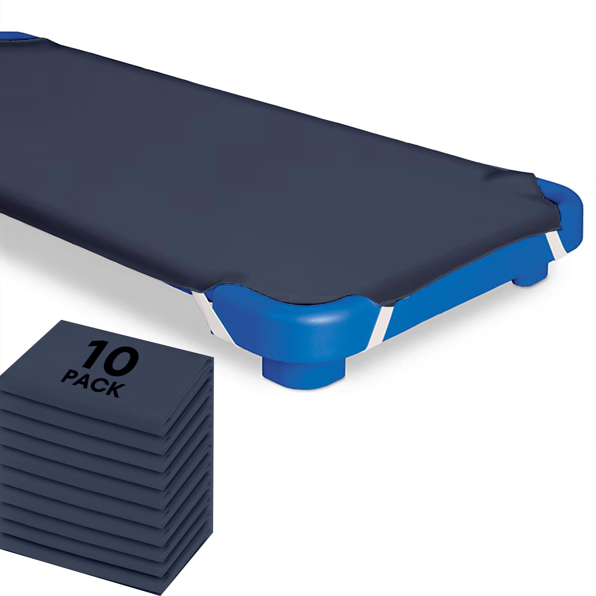 Peace Sleep Bedding navy cot sheet with corner elastic loops for a secure nap-time fit.