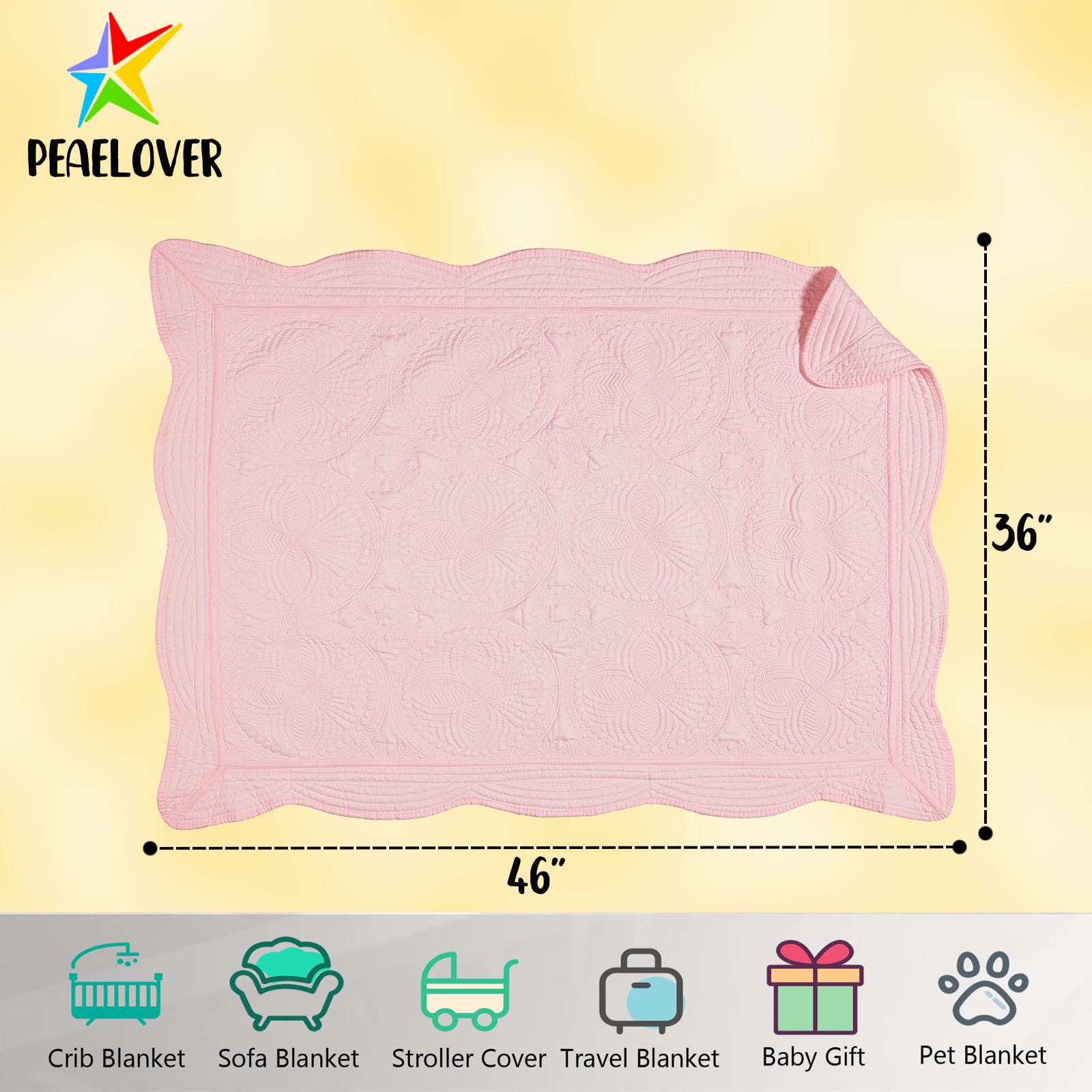 PEACELOVER 46x36 inch baby quilt shown beside a toddler bed.