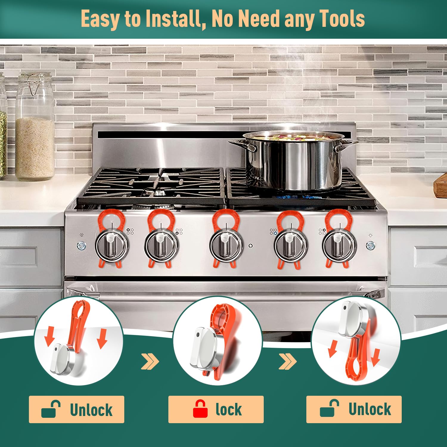 PeachLeaf baby-proof stove lock close-up shows textured grip.