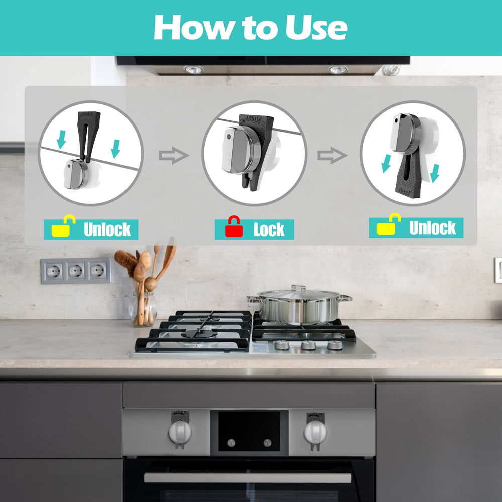 PeachLeaf stove knob locks in action keeping curious pets away.