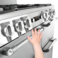 PeachLeaf stove knob locks six-pack mounted on a stove to prevent knob access.