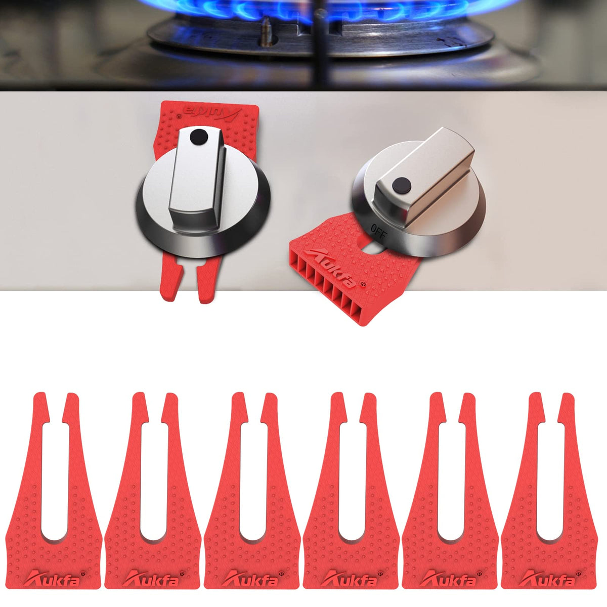 PeachLeaf stove knob locks 6-pack mounted on stove for child safety.
