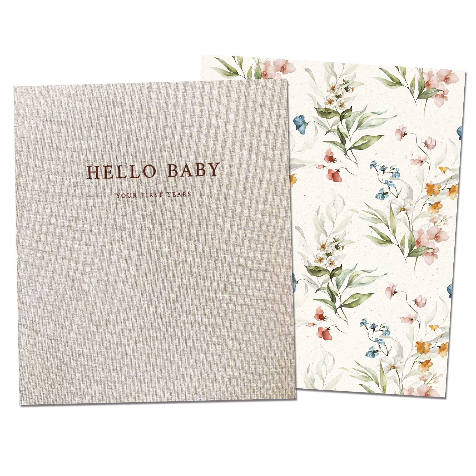 Peachly Fleur baby book cover with durable linen texture and gold embossing.