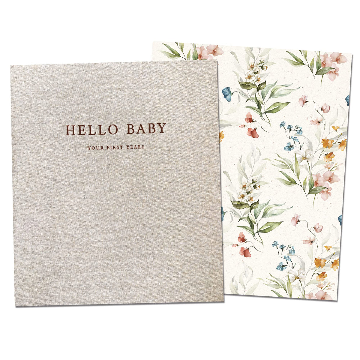 Peachly Fleur baby book cover with durable linen texture and gold embossing.