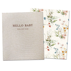 Peachly Fleur baby book cover with durable linen texture and gold embossing.