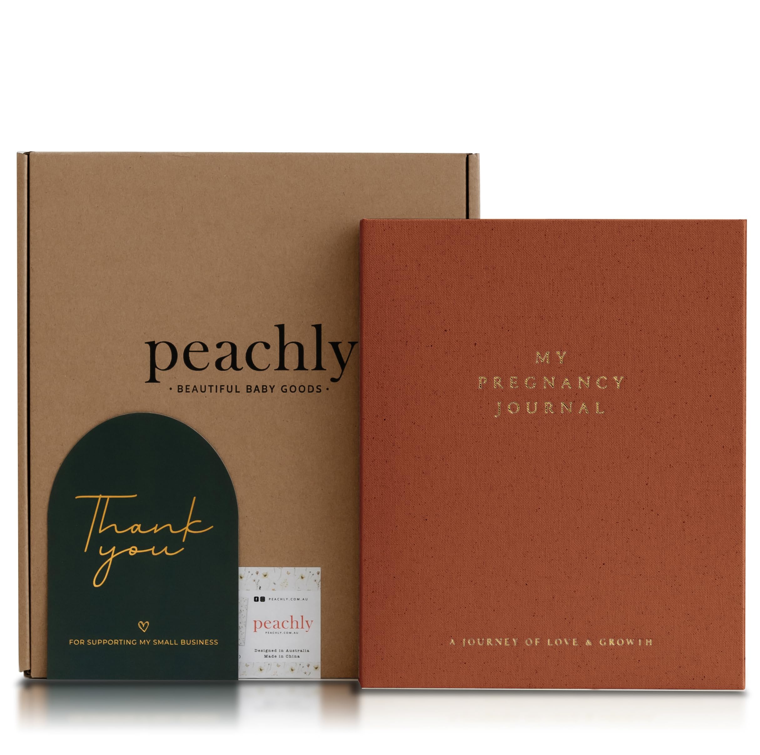 Peachly Pregnancy Journal cover with gold foil lettering highlights premium quality