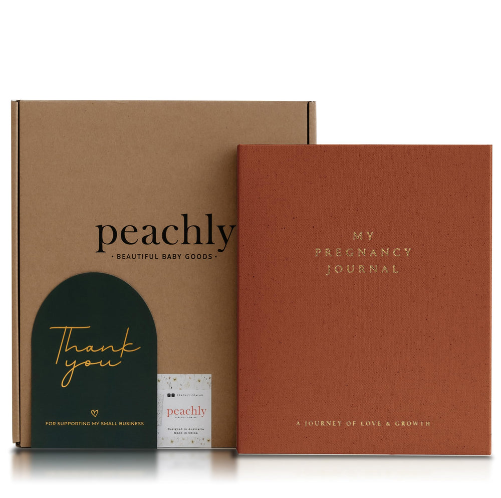 Peachly Pregnancy Journal cover with gold foil lettering highlights premium quality