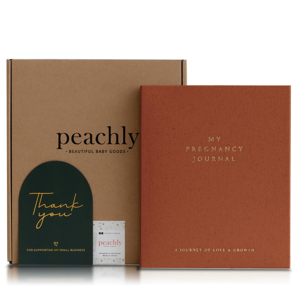 Peachly Pregnancy Journal cover with gold foil lettering highlights premium quality