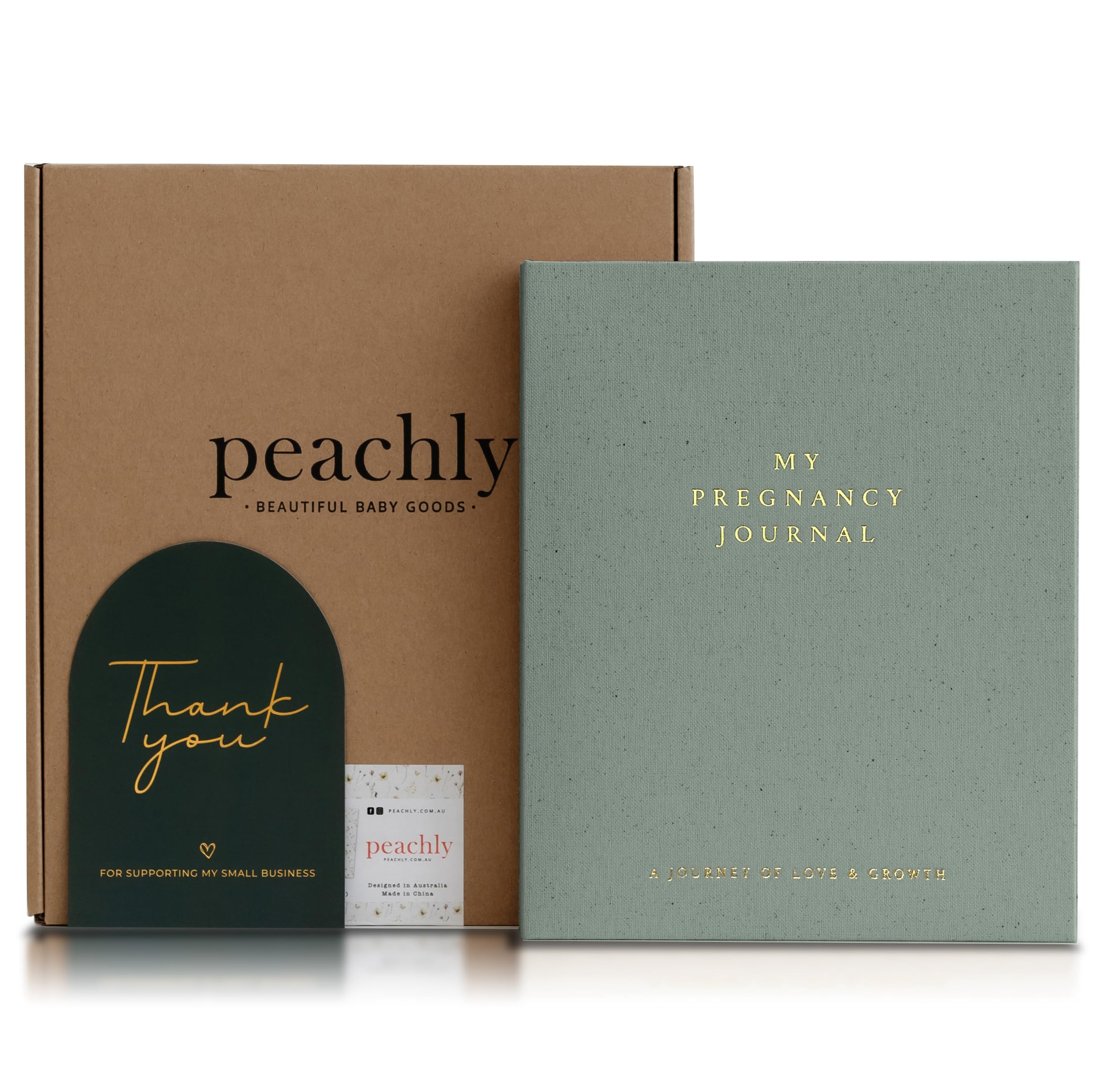 Peachly pregnancy journal cover in sage with elegant linen finish, keeps memories stylish.