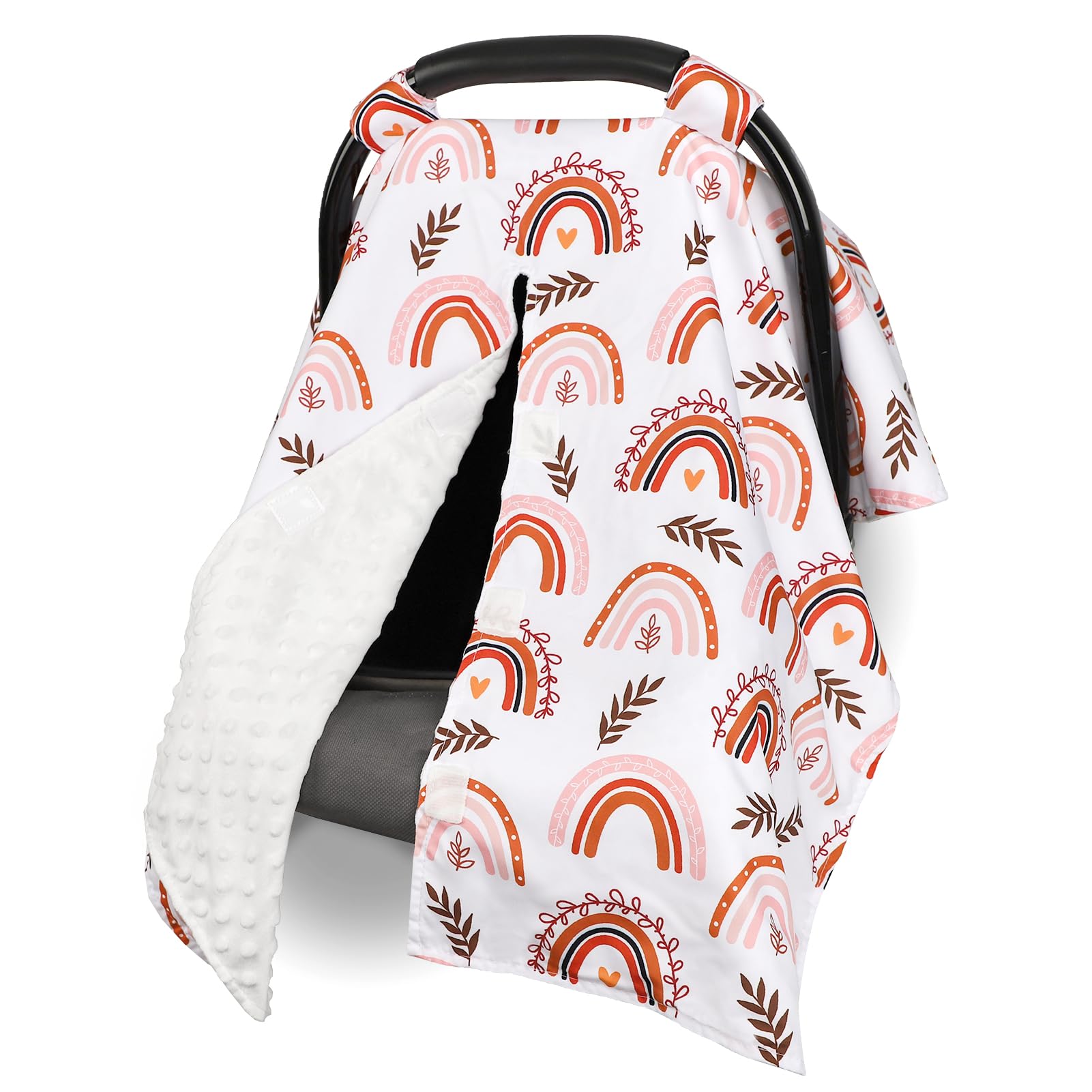 Pea Pod rainbow car seat cover shown on a car seat with a bright rainbow design