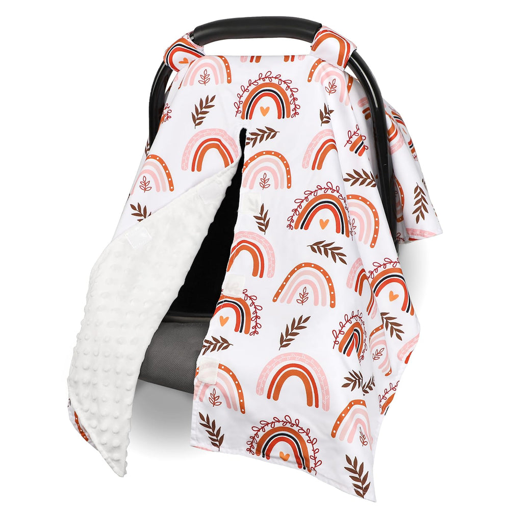 Pea Pod rainbow car seat cover shown on a car seat with a bright rainbow design