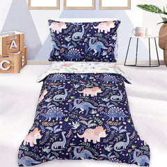 Pea Pod dinosaur bedding comforter in blue adds playful style to toddler bed