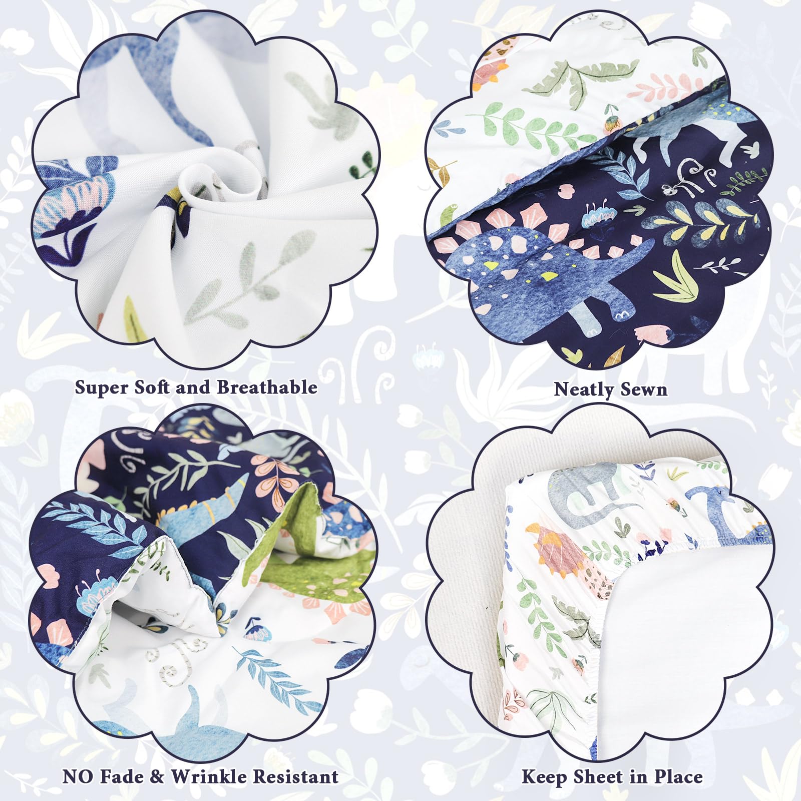 Pea Pod dinosaur pattern fitted sheet blue with deep pocket fits toddler mattress securely