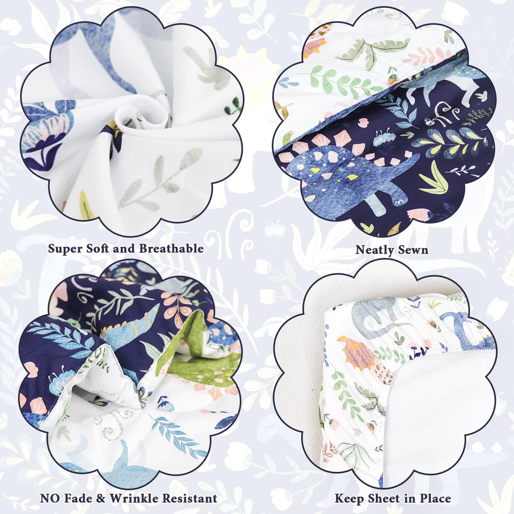 Pea Pod dinosaur pattern fitted sheet blue with deep pocket fits toddler mattress securely