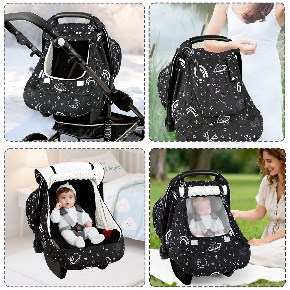 Pea Pod newborn canopy provides cozy protection during winter outings.