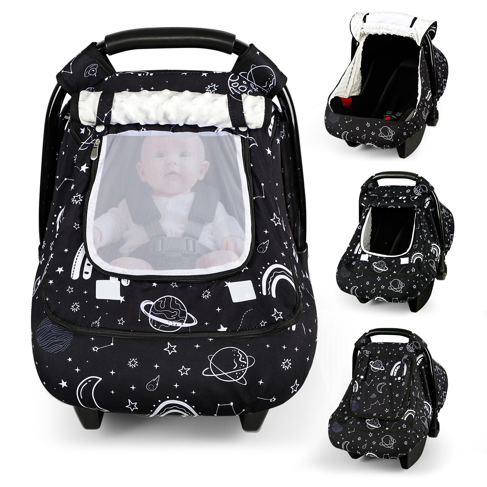Pea Pod winter car seat cover sunshade blocks bright light for peaceful naps.
