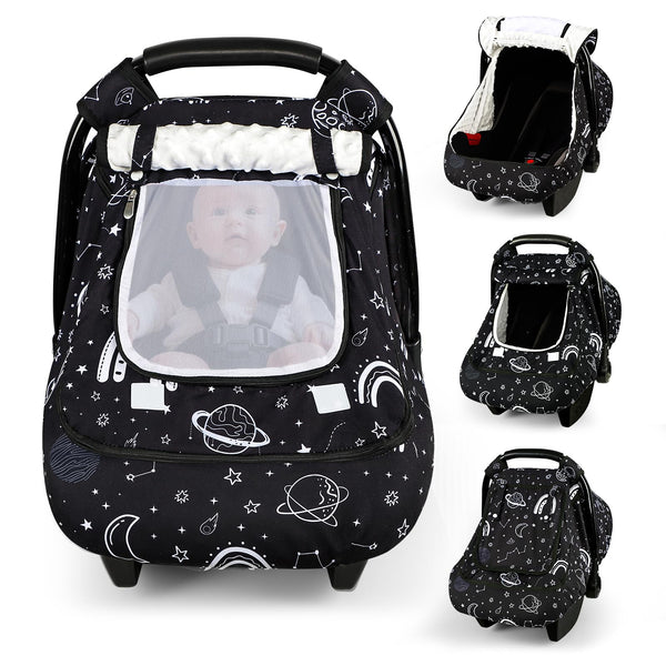 Pea Pod winter car seat cover sunshade blocks bright light for peaceful naps.