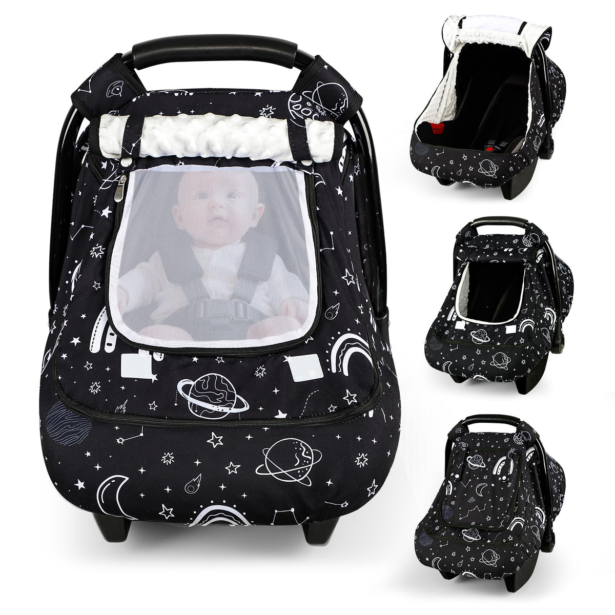 Pea Pod winter car seat cover sunshade blocks bright light for peaceful naps.
