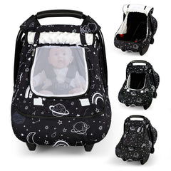 Pea Pod winter car seat cover sunshade blocks bright light for peaceful naps.