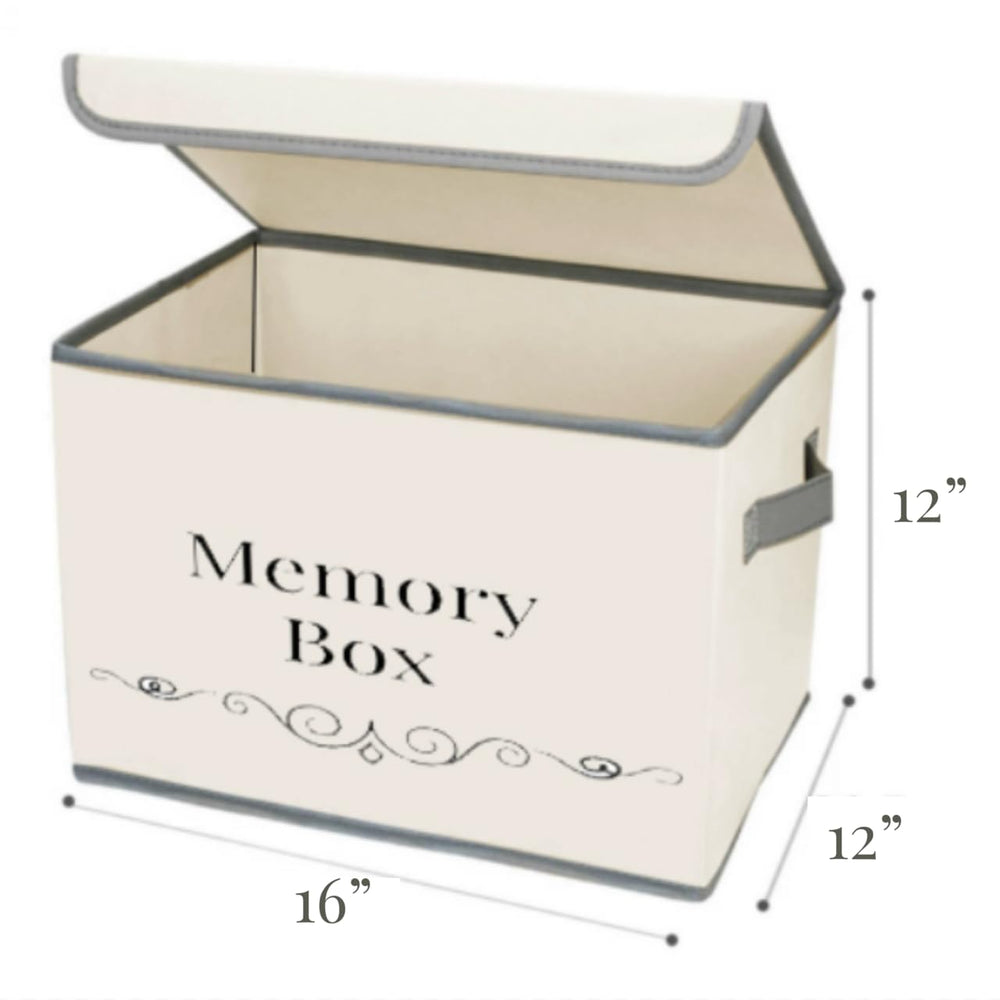 Pear Tree Essentials memory box on nursery shelf helps keep memories organized.