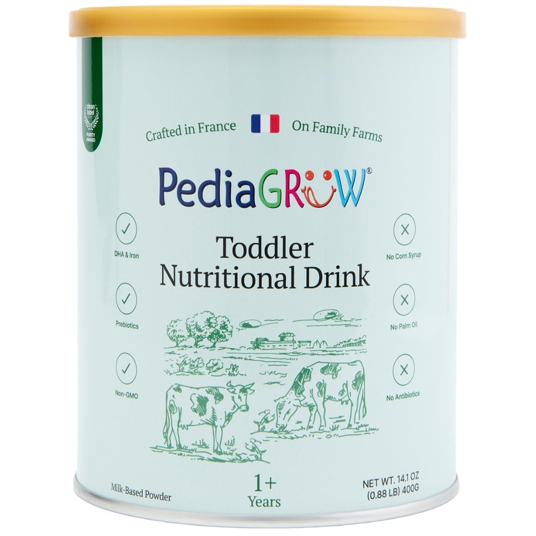 PediaGROW premium European toddler milk powder tub supports daily nutrition with DHA and minerals.