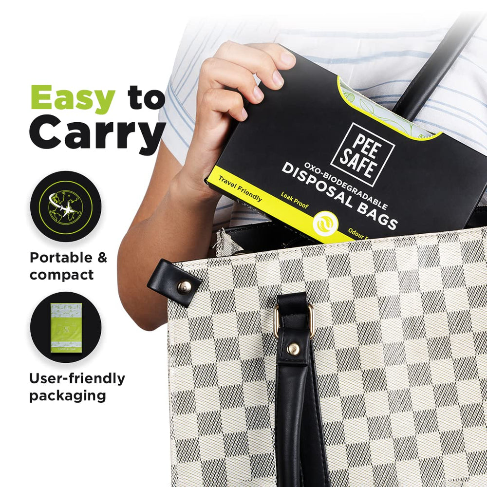 Pee Safe easy-to-use bags with peel-and-seal for simple disposal.
