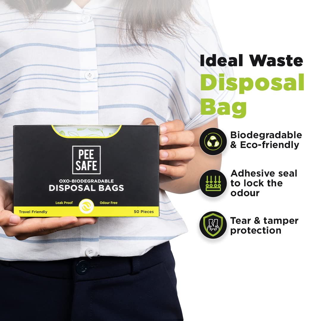 Pee Safe tear and tamper-proof disposal bags securely hold intimate waste during travel.