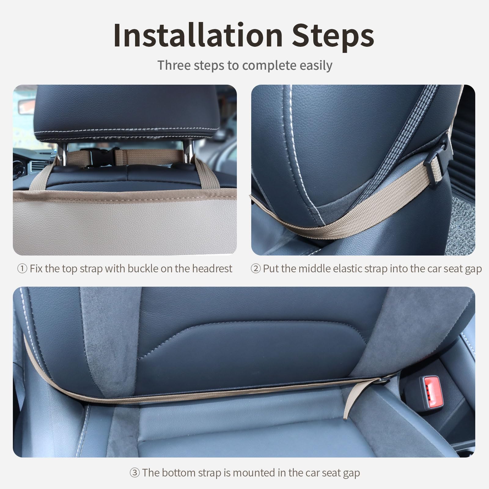 Pefirst installation straps for three-point secure fit on beige back seat protector