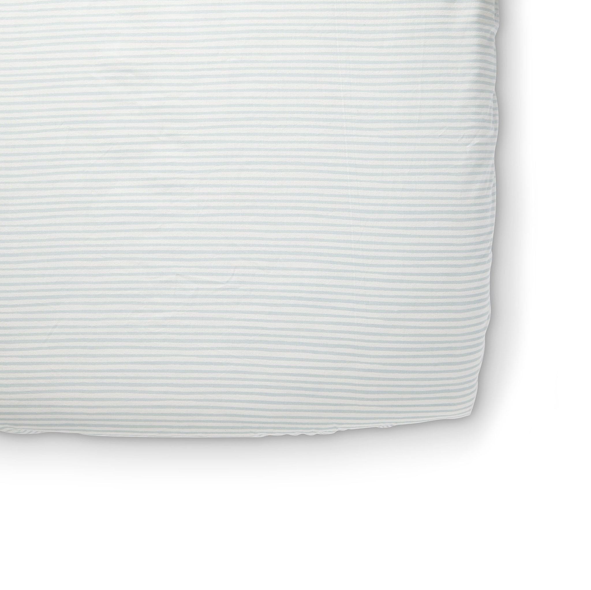 PEHR striped crib sheet Stripes Away Sea offers breathable, cozy sleep surface.