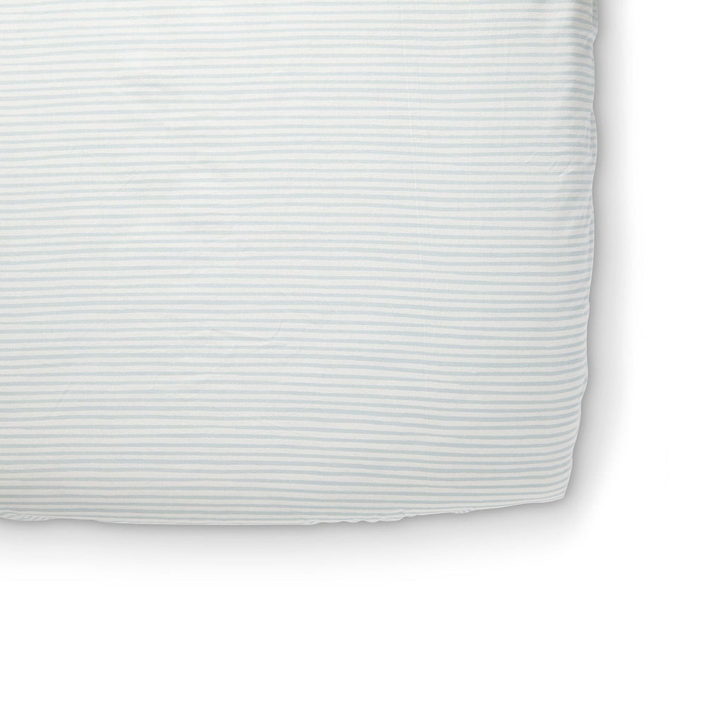 PEHR striped crib sheet Stripes Away Sea offers breathable, cozy sleep surface.