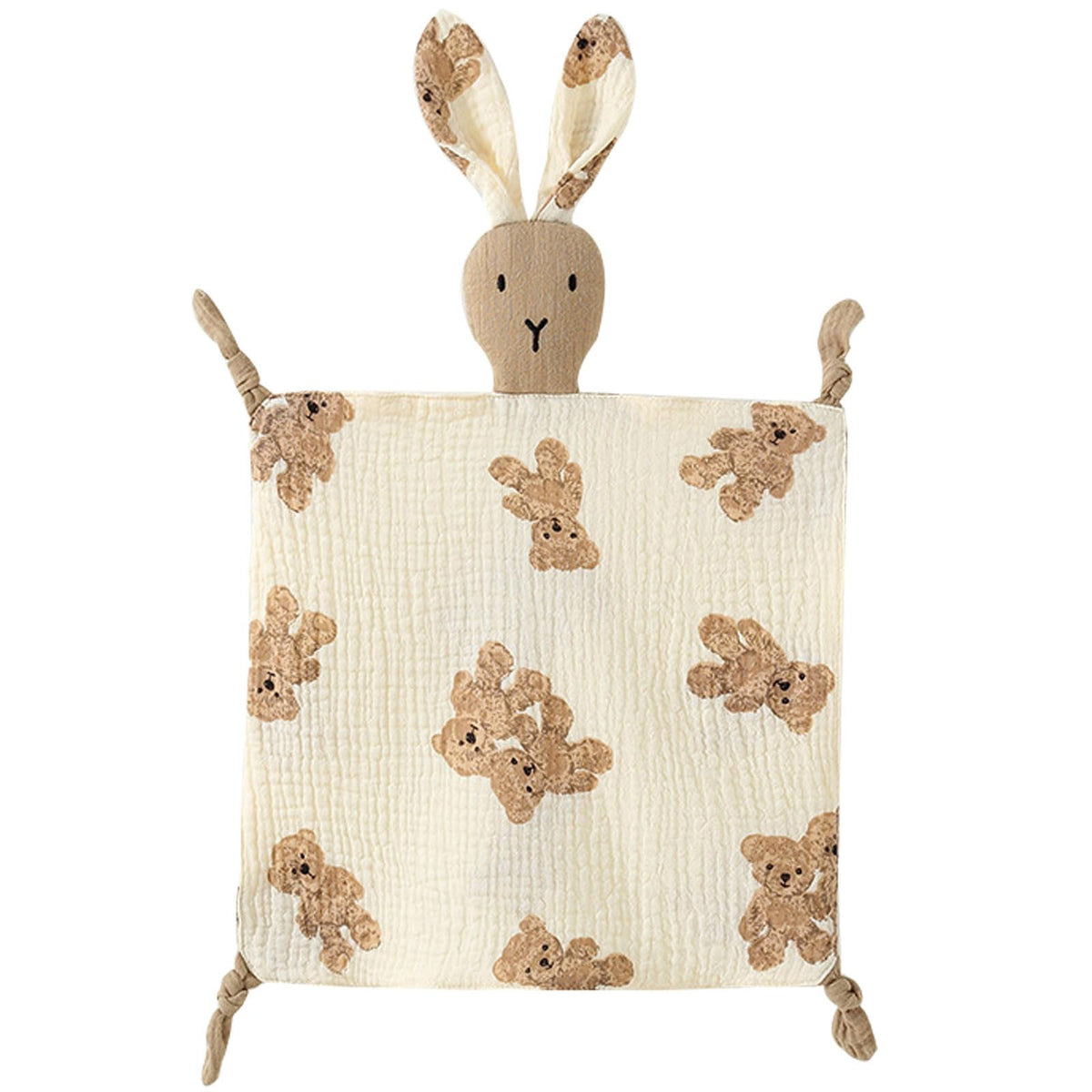 PEIPEIWU lovey bunny close-up showing organic cotton muslin for gentle skin touch.