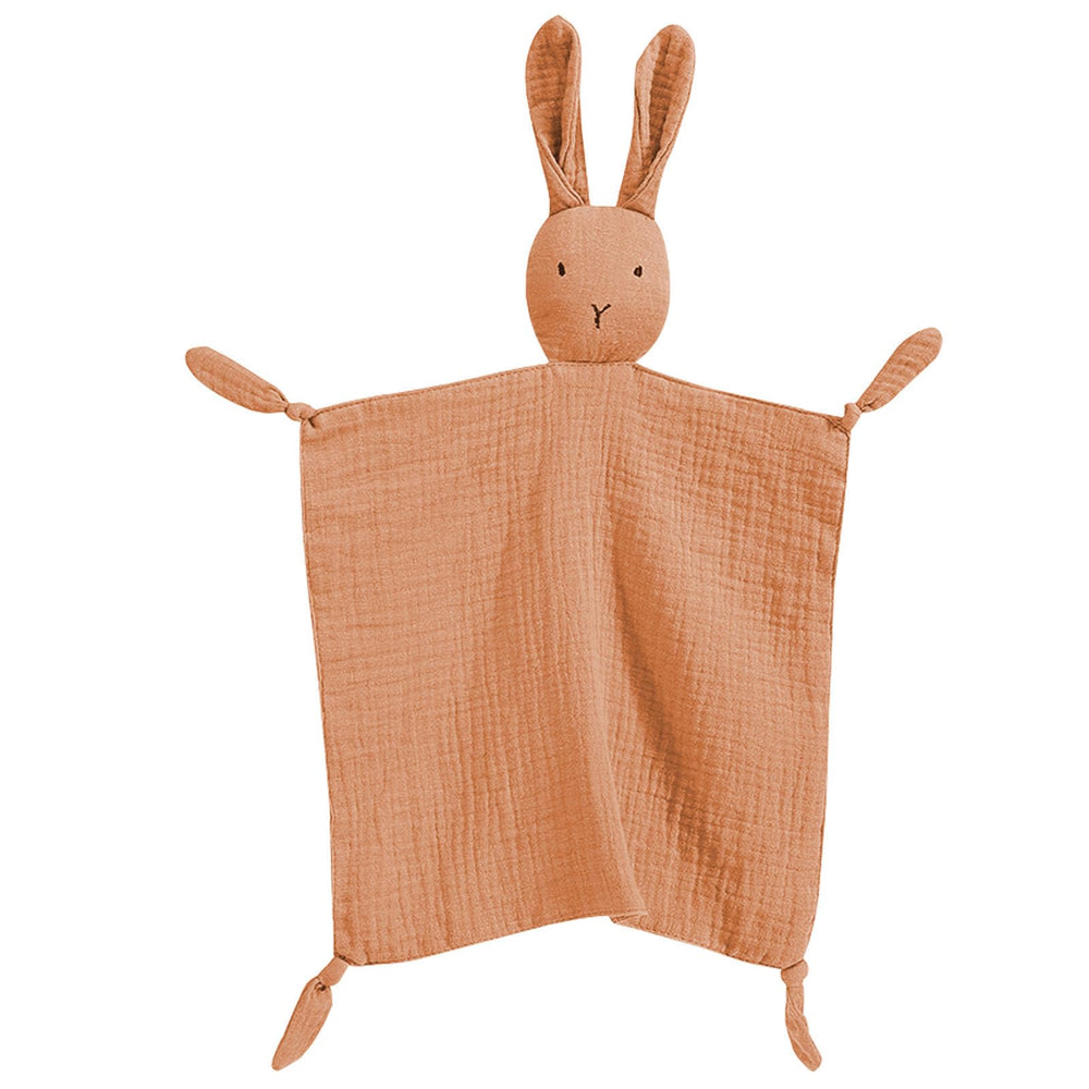 PEIPEIWU Organic Cotton Muslin Lovey Bunny held for comforting, breathable security for baby.