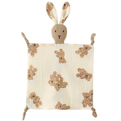 PEIPEIWU lovey bunny close-up showing organic cotton muslin for gentle skin touch.