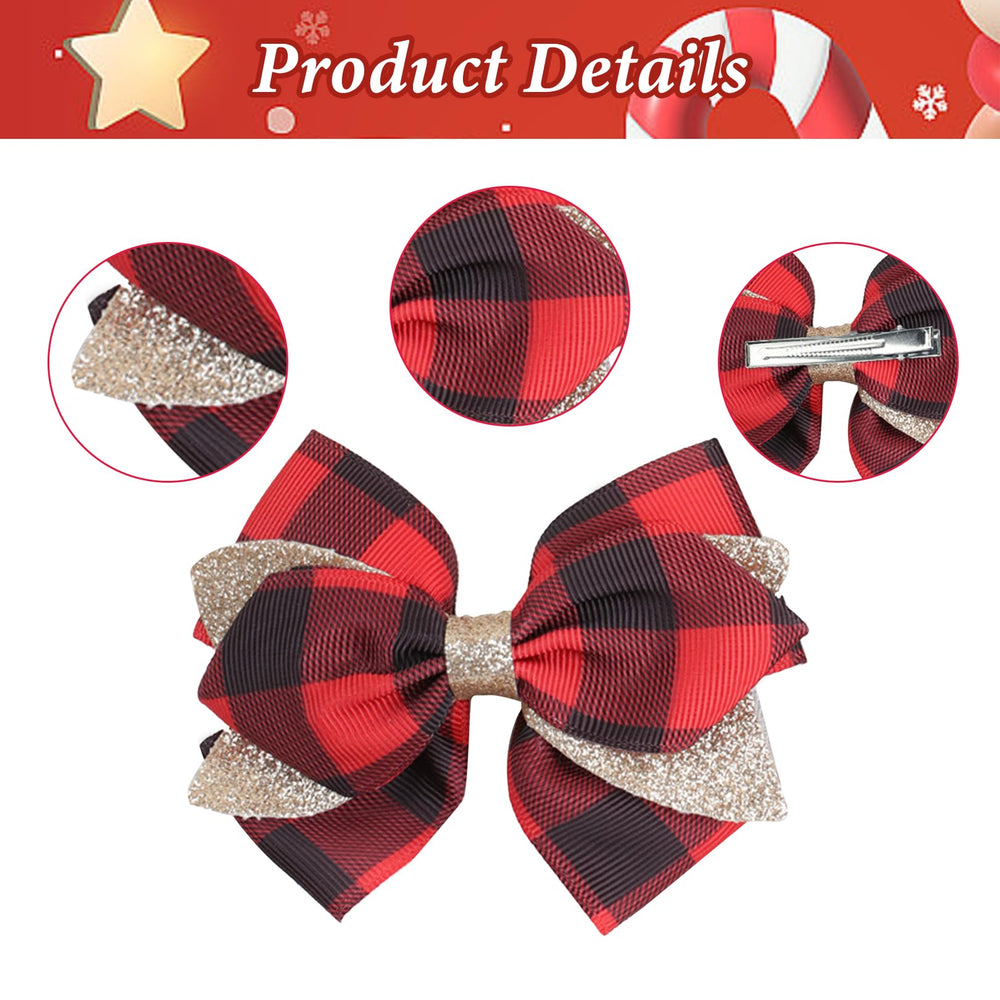 Pejlnd red-black plaid bow clip attaches to hair or outfits.