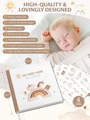 Pejoye Baby Memory Book inside spread shows family tree and photo space for personalized growth storytelling.
