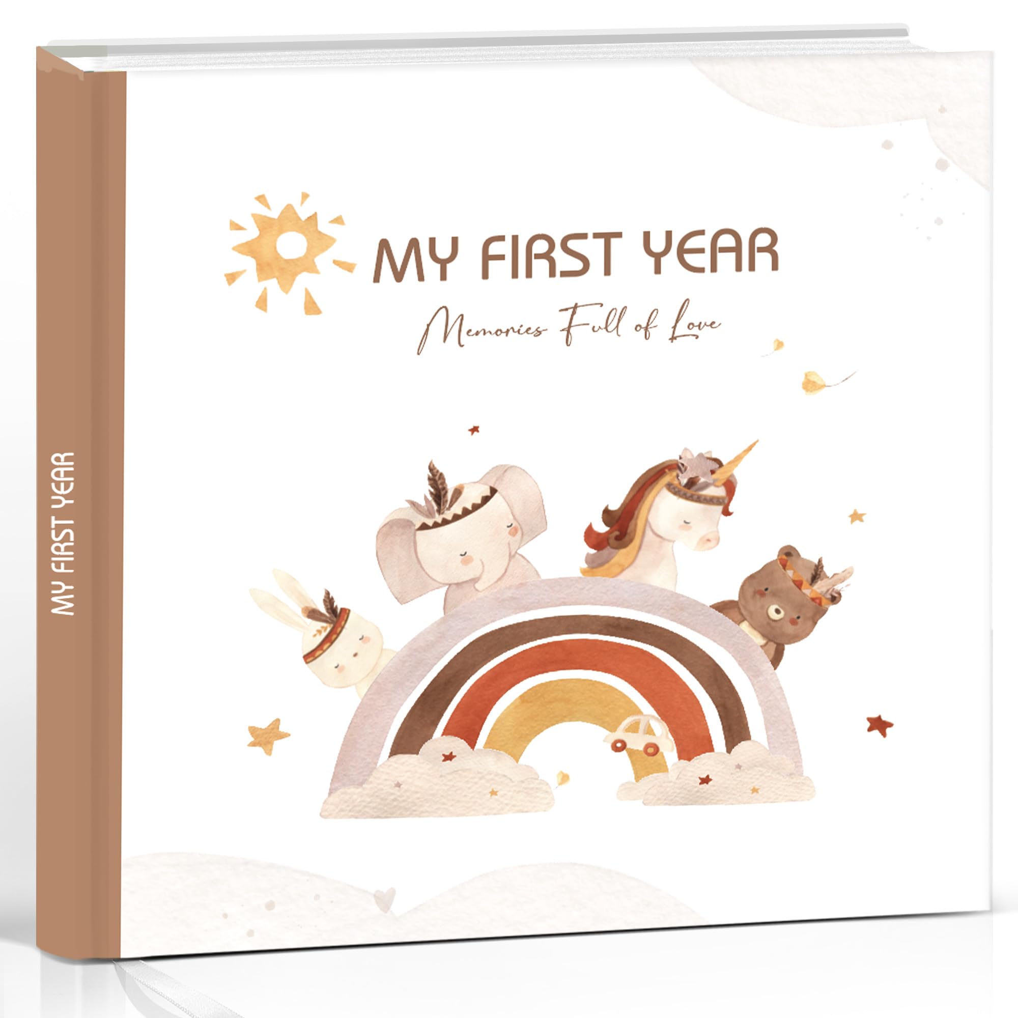 Pejoye Baby Memory Book cover with rainbow stickers creates a charming keepsake for growing memories.