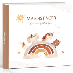 Pejoye Baby Memory Book cover with rainbow stickers creates a charming keepsake for growing memories.