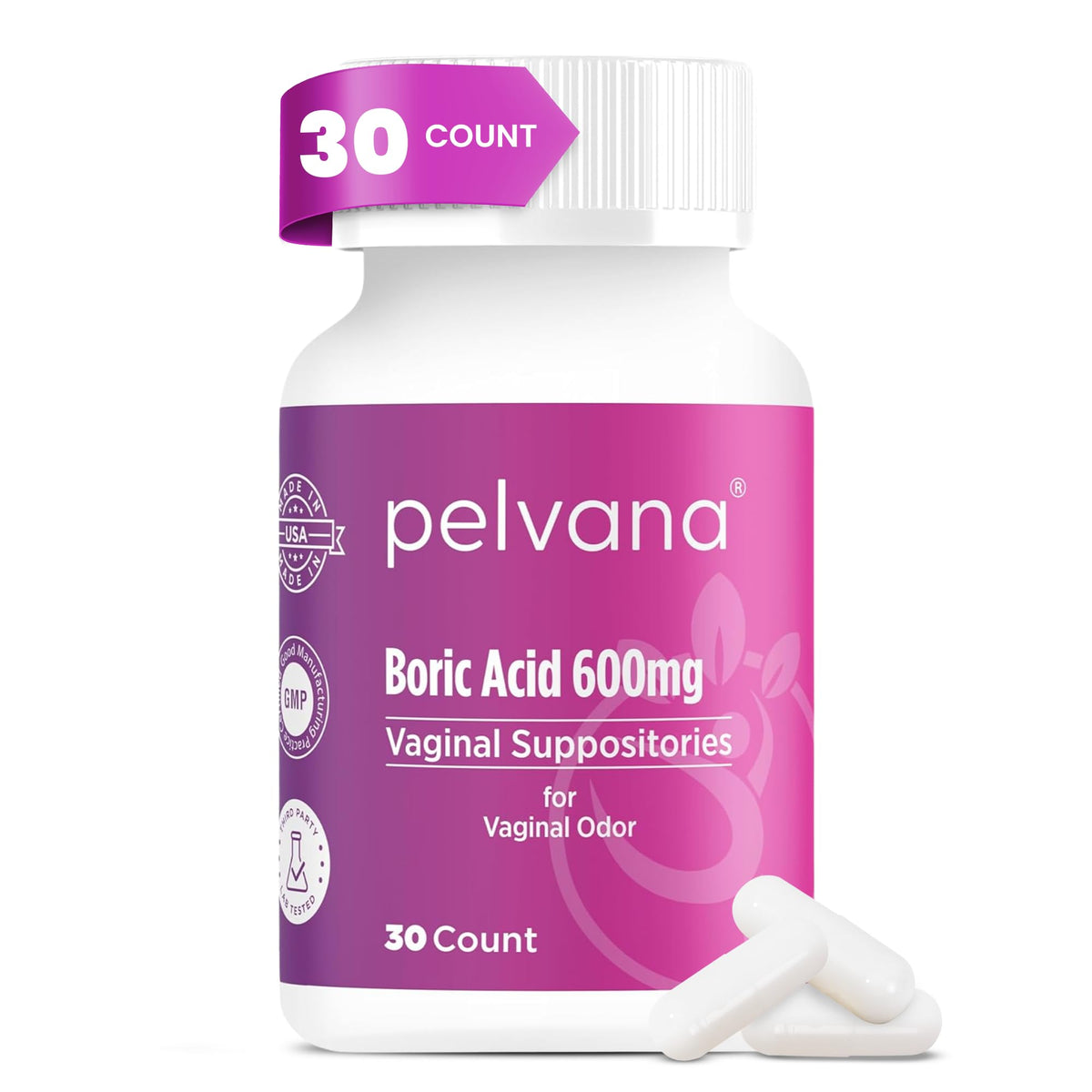 Pelvana boric acid suppositories packaging close-up signaling trusted feminine health support.