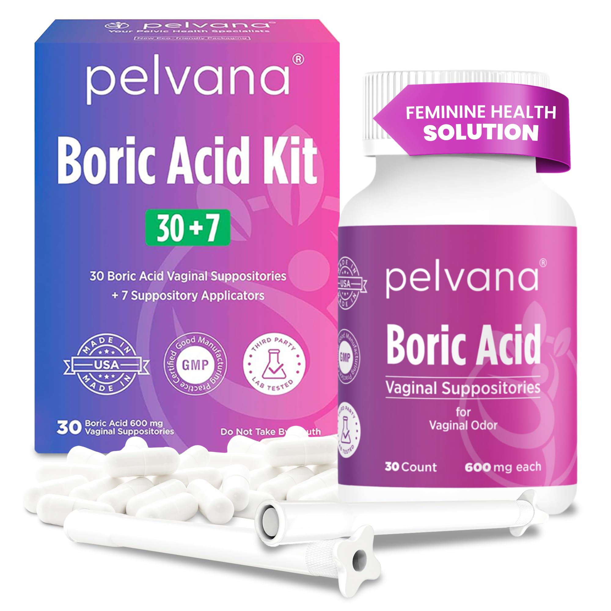Pelvana boric acid suppositories packaging with clear labeling for home use.