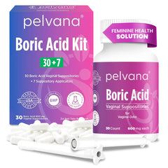 Pelvana boric acid suppositories packaging with clear labeling for home use.