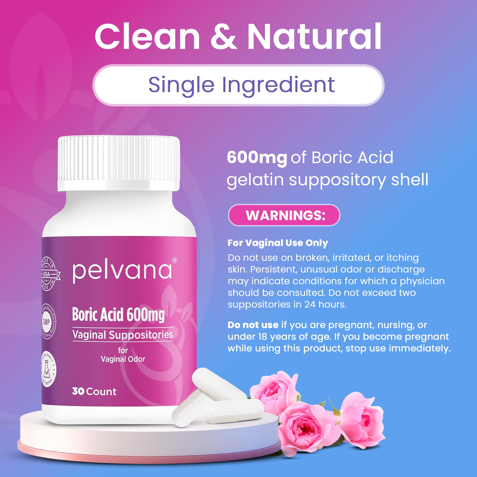 Pelvana boric acid suppositories with panty liner note for discreet overnight wear.