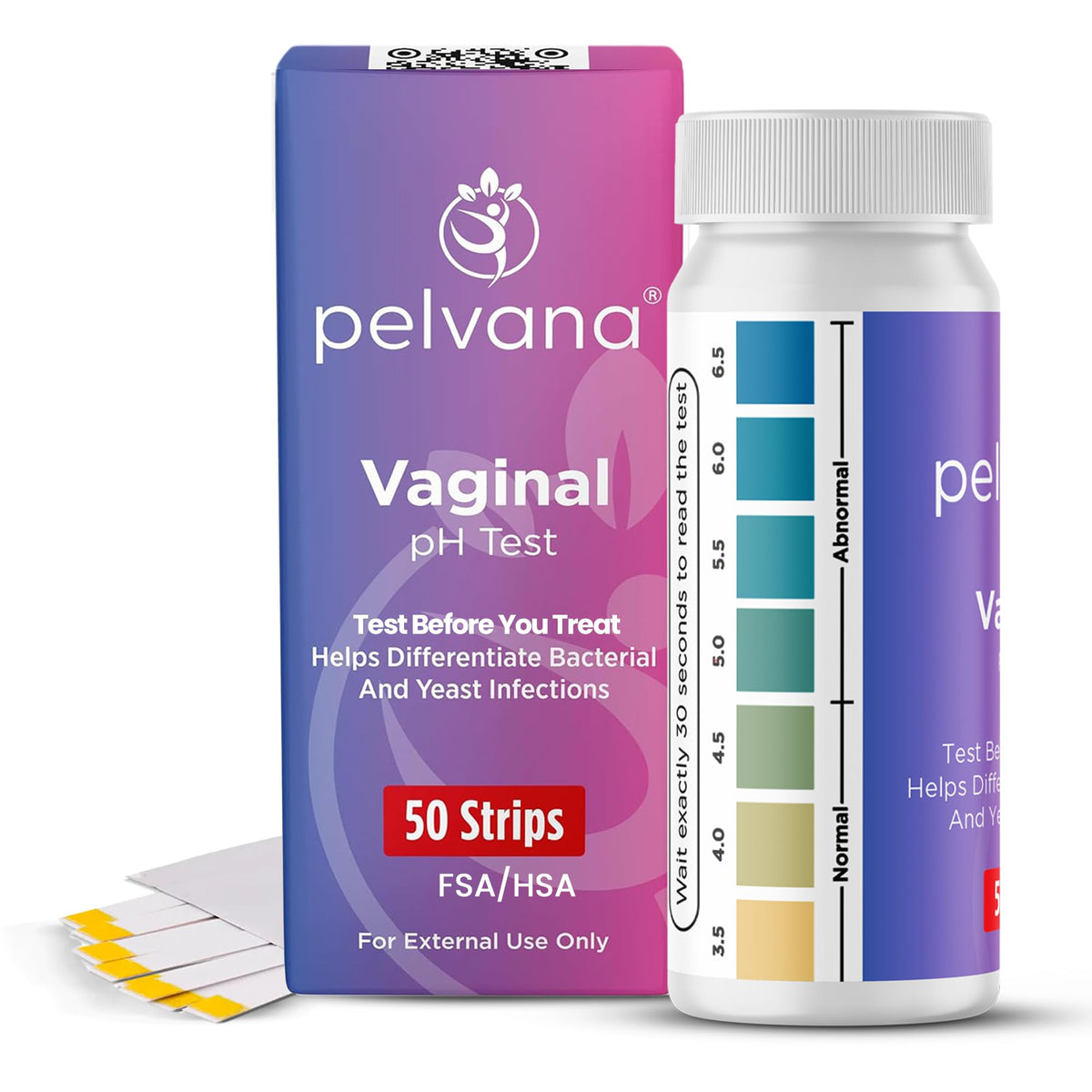 Pelvana vaginal pH test strip pack with color chart for home testing.