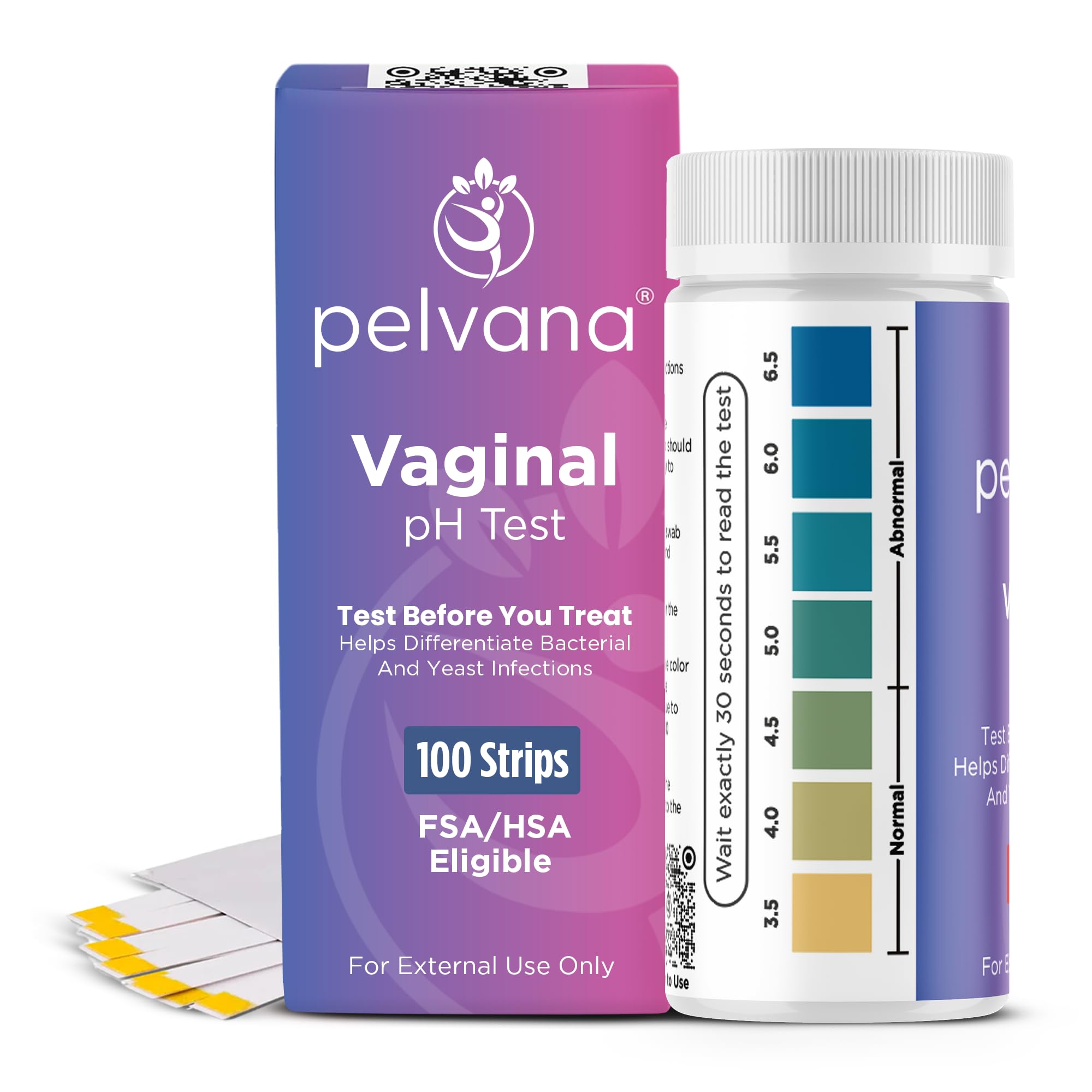 Pelvana vaginal pH test strips package shows a 100-strip kit for home screening.