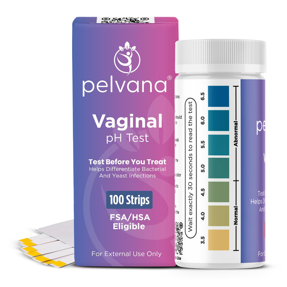 Pelvana vaginal pH test strips package shows a 100-strip kit for home screening.