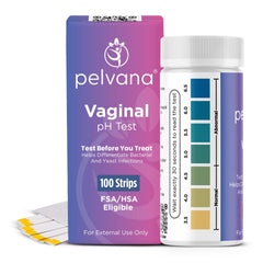 Pelvana vaginal pH test strips package shows a 100-strip kit for home screening.