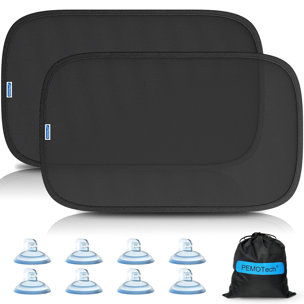 PEMOTech baby shade with eight suction cups on a car window.